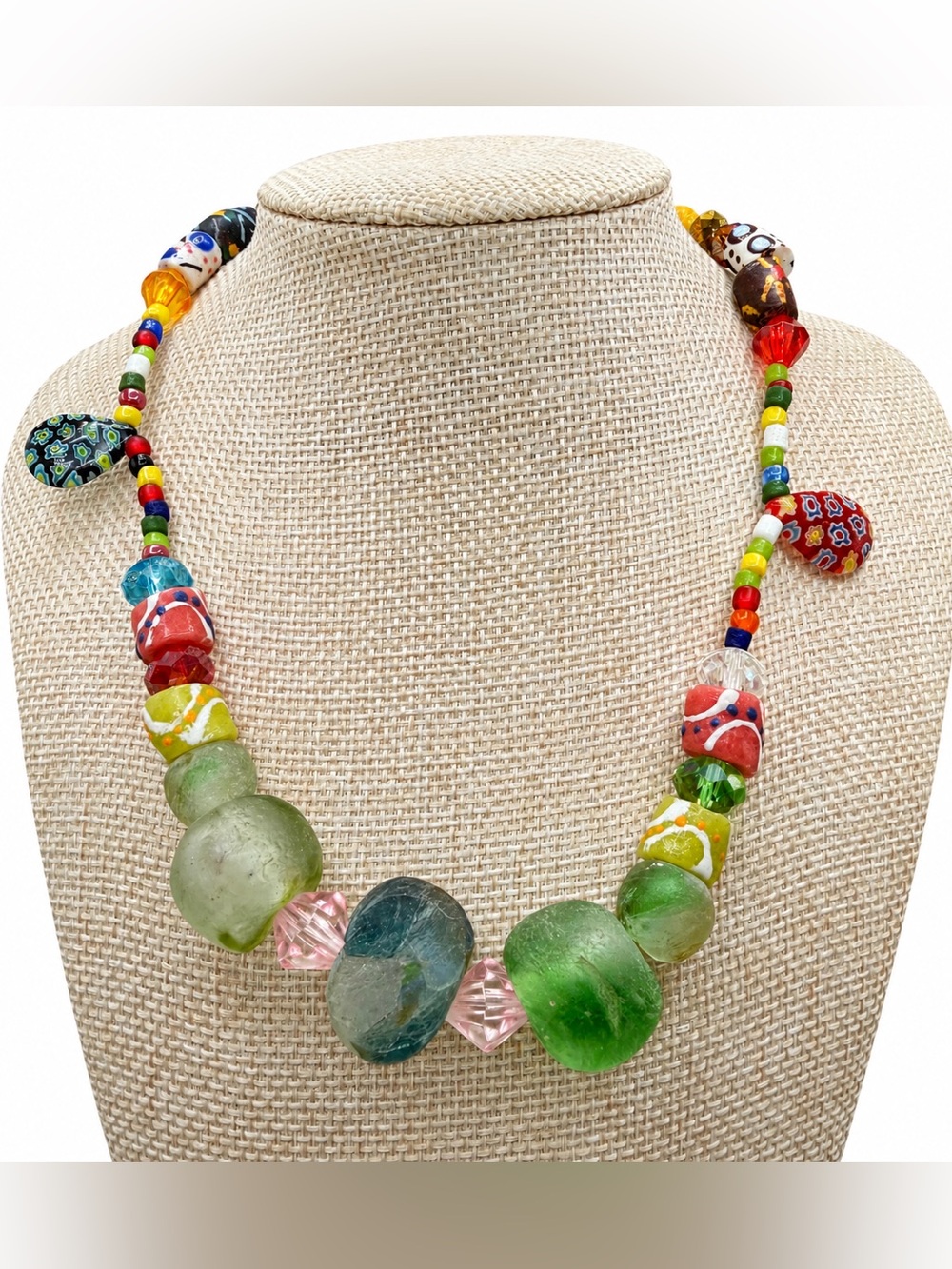 Millefiori Frosted Glass Statement Necklace, Multicolor Artisan Beaded Necklace,